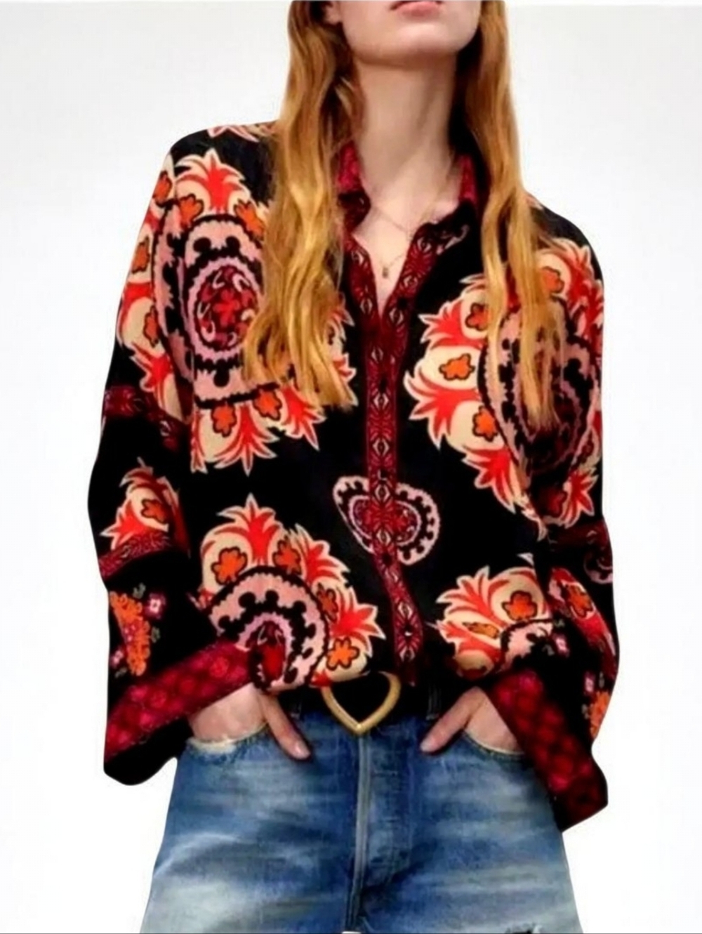 Zara Bohemian Embroidered Black Floral-Print Button Front Women's Top